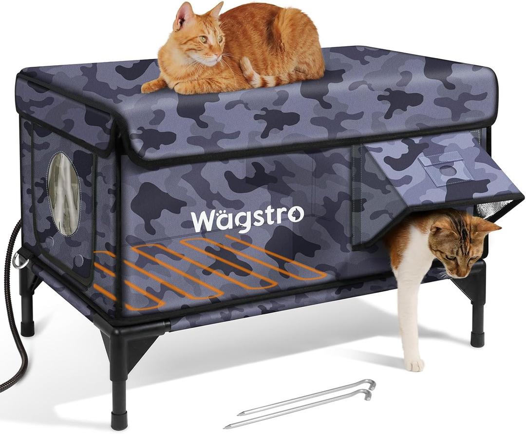 Heated Cat House for Outside, Insulated Weatherproof Heated Outdoor Cat House with Waterproof Eaves & Escape Door, Elevated Outdoor Cat Shelter for Feral Stray Cat (Black Camo, 25.6"x17"x18")
