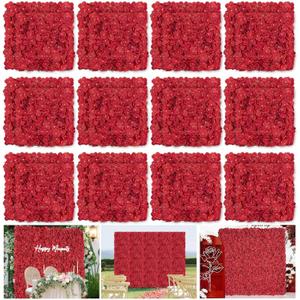 Red Backdrop Flowers Wall Panels: 5ft x 7.5ft Floral Backdrop Artificial Flower Wall Decor for Baby Shower Wedding Photo Background Decoration (24 Pcs 15 x 15 Inch)