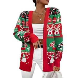 Ugly Christmas Cardigan Sweaters Women: Xmas Knit Sweater Cardigans Oversized Open Front Outerwear with Pockets Green Red