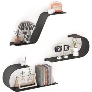 Black Floating Shelves Set of 3, Black Metal Decor, Unique Mounted Floating Shelf, Modern Long Wall Shelf, Large Wall Shelves for Bedroom, Bathroom, Living Room