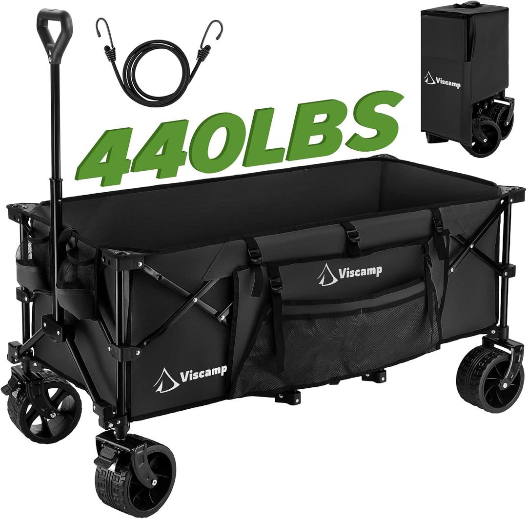 Viscamp 48''L Wagons Carts Foldable, Beach Wagon 440Lbs Collapsible Wagon Black Heavy Duty Wagon Camping Wagon Garden Cart Carts with Wheels and Elastic Rope Wagon for Shopping Camping and Storage