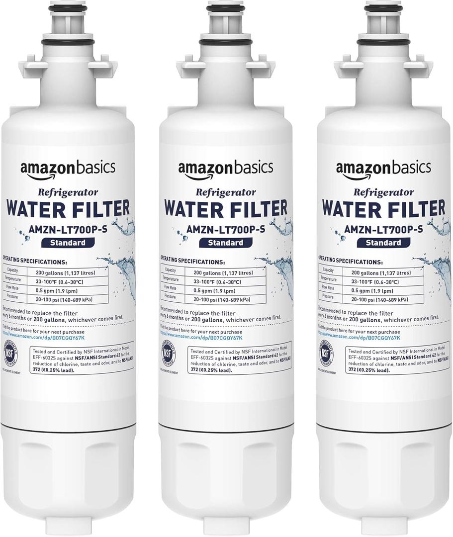Amazon Basics Replacement LG LT1000P Refrigerator Water Filter, NSF Certified, Reduces Chlorine, 3-Pack