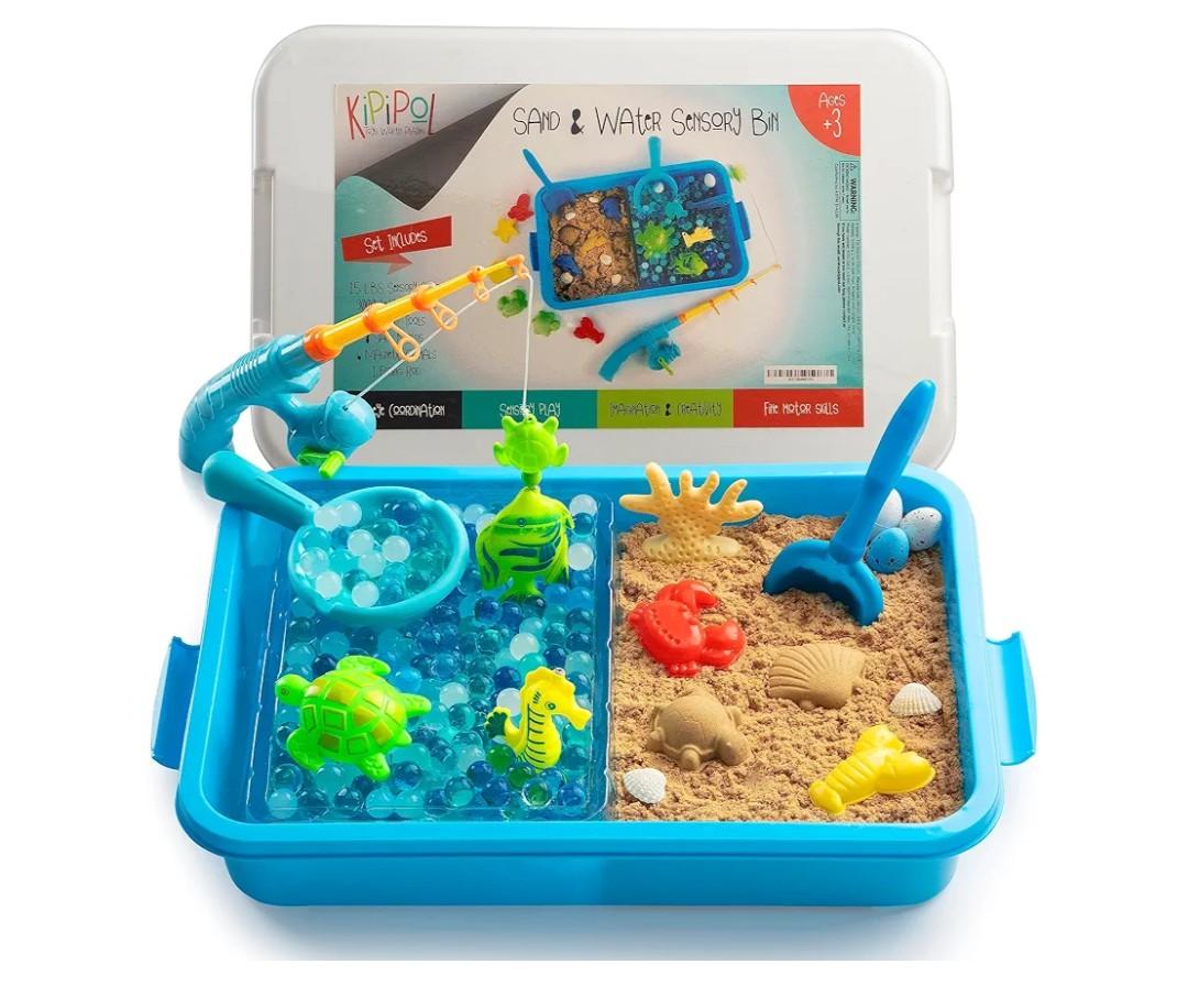 KipiPol Sensory Toys for Toddlers 3-4, 5-7 Sensory Bin W 3000 Water Beads, 1.5 LB Play Sand, 10 Sand Toys, 6 Sea Animal Toys, Dino Eggs - Fine Motor Skills Toys and Sensory Activities for Kids Ages 3