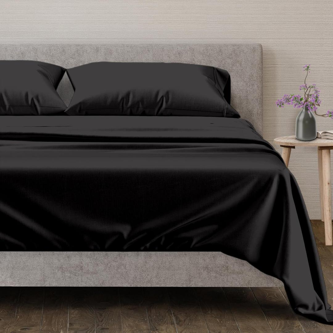 Mayfair Linen 100% Egyptian Cotton Sheets Full Size Bed Set - 4 PC 600 Thread Count Full Sheets Set Egyptian Cotton (Black), Extra Soft, Cooling, 16" Deep Pocket Sateen Weave Luxury Hotel Bedsheet, Full, 15 - Black
