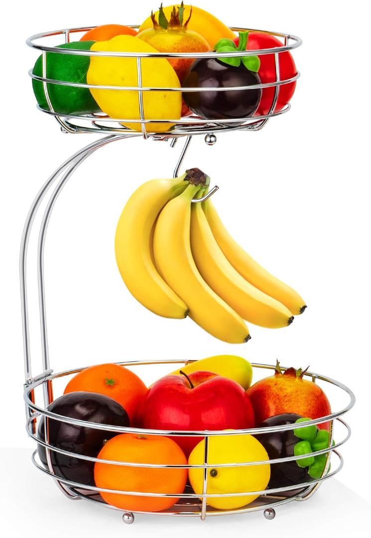 Auledio 2-Tier Countertop Fruit Vegetables Basket Bowl Storage With Banana Hanger, Chrome