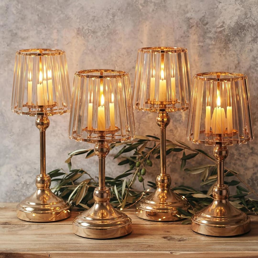 Gisafai 4 Pack 11" Gold Candle Centerpiece Hurricane Candle Holders Gold Fairy Tealight Lamp Candlestick Lamps Minimalist Nordic Glass Votive Holder Set for Wedding Tables Romantic Home Decor