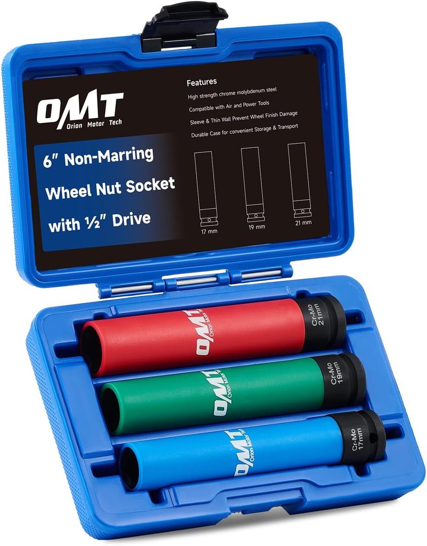 Orion Motor Tech Lug Nut Socket Set, 3pc 1/2" Drive Extra Long Impact Sockets with 17mm 19mm 21mm Metric Sockets, 6" Thin Wall Wheel Lug Nut Deep Sockets with Colored Protective Covers & Carry Case