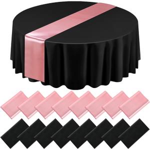 Tudomro 16 Pcs Black and Rose Gold Round Plastic Tablecloth and Satin Table Runner Set 84 Inch Round Covers 12 x 108 Inch Table Runners for Christmas Wedding Birthday Party Baby Shower