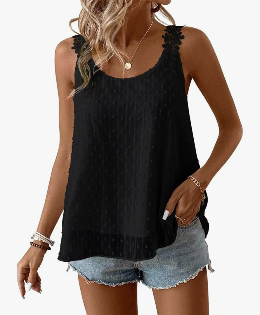 Womens Tank Tops Flowy Sleeveless Summer Boho Tank Top for Women Casual Crewneck Strap Lace Camisole Shirts, L
