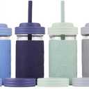 Elk and Friends Kids + Toddler Glass Cups | The Original 12oz Glass Mason Jar with Sleeves + Lids | Silicone Straws + Stopper | Smoothie Cup | Food Storage | Spill Resistant | Dishwasher Safe | 4 Pack (Sage/Navy/MistyBlue/Gray)