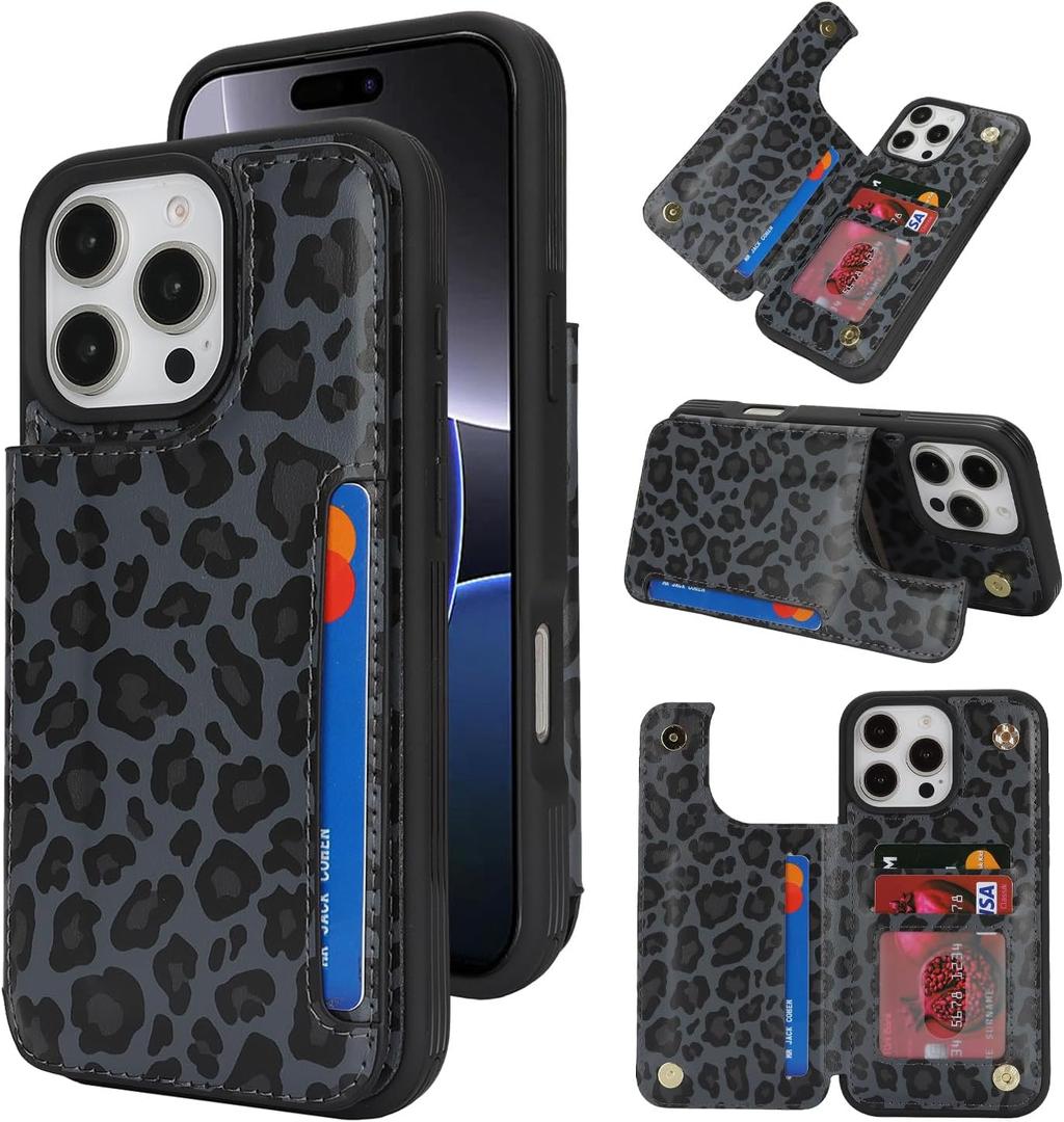 iCoverCase Compatible with iPhone 16 Pro Max Wallet Phone Case with Card Holder for Women Men, [RFID Blocking] Card Slots PU Leather Protective Wallet Case 6.9 Inch (Black Leopard)