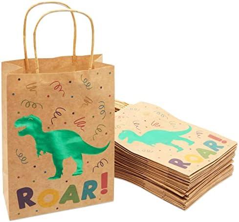 Juvale 24-Pack Dinosaur Party Favor Bags with Handles - 8.7 x 6.3 x 3.2 in Green Foil & Kraft Paper Goodie Bags - Bulk Set for Dinosaur Birthday Party Favors & Gifts