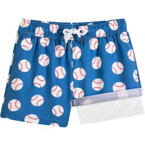 BRISIRA Boys Swim Trunks Bathing Suit Compression Boxer Brief Liner Anti-Chafe Swimsuit Swim Shorts Toddler Kids Youth Teen (10-12 Years, Blue White baseball)