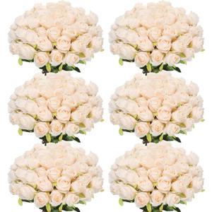 Jexine 50 Pcs Artificial Rose Flower Bulk Realistic Silk Fake Roses with Long Stem Plastic Artificial Flower Bouquet Real Looking for Home Wedding Centerpieces Party Decoration(Beige Champagne)