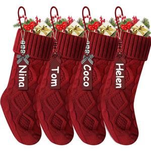 Christmas Stockings 18 Inches,Long Knitted Stocking with Name Tags, Christmas Decoration Hanging Stockings Fireplace Xmas Tree Ornaments for Home Family (4p-red-gj)