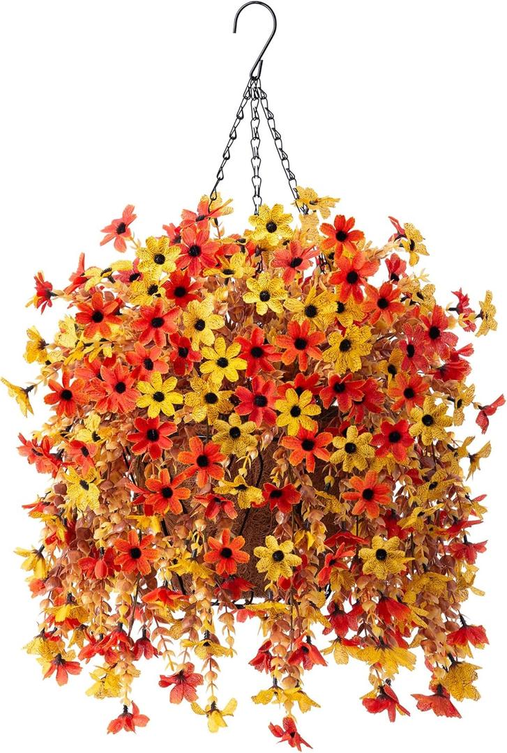 Artificial Fake Spring Hanging Flowers Plants with Basket Outdoor Flower Decor, Faux Silk Colorful Daisy in Metal Coconut Lining Pot Plastic Shrubs Decor Farmhouse Home Garden (Orange Yellow)