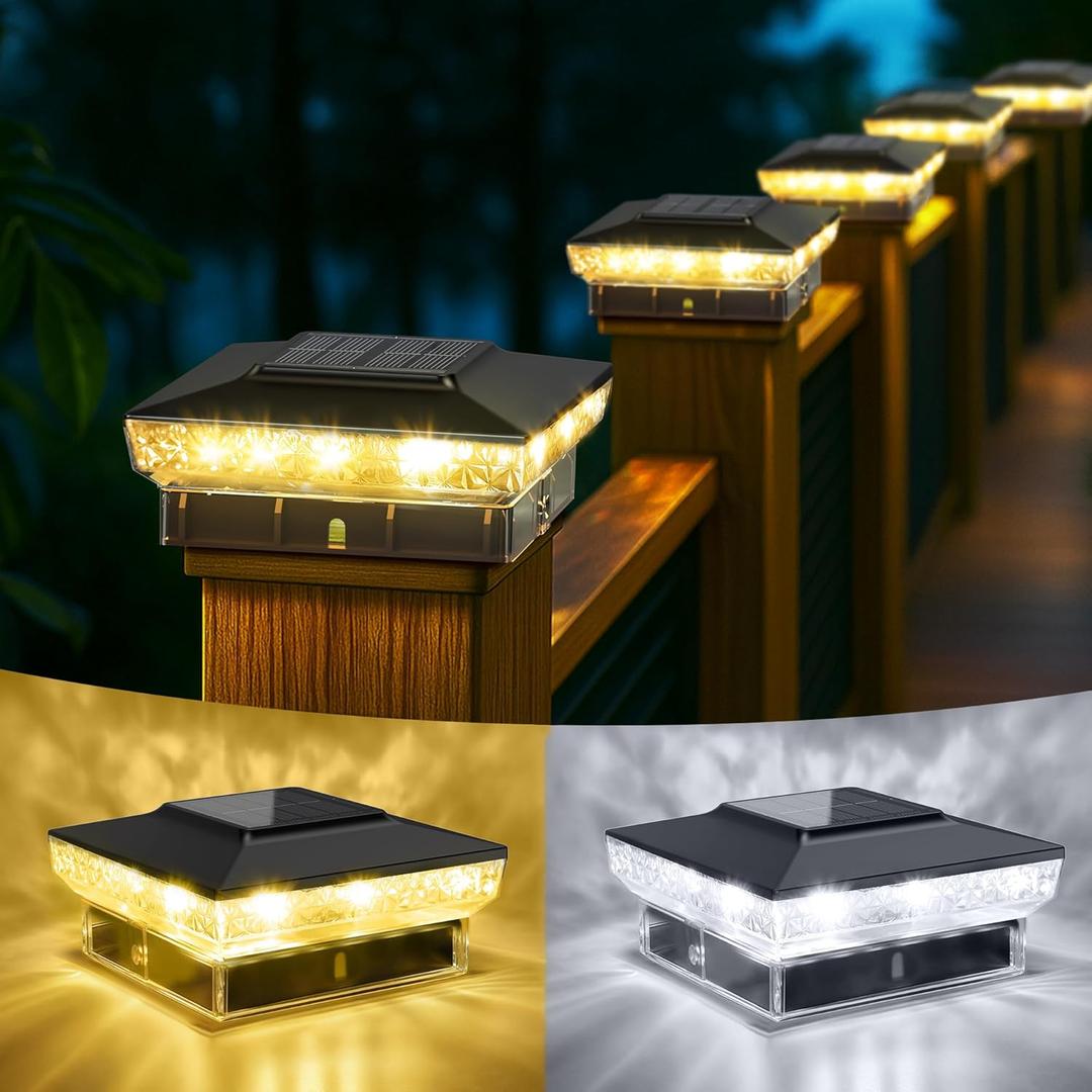 Solar Post Cap Lights, 12-Pack Upgraded Outdoor Deck Fence Post Solar Lights for 4x4 5x5 Wood/Vinyl Posts, IP65 Waterproof, 10-12 Hours Warm/Cool White Glow for Garden/Patio/Porch - Black