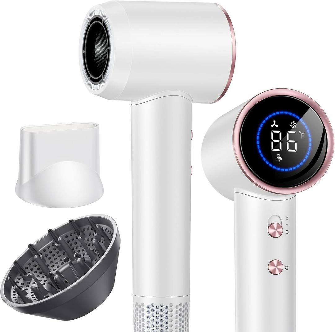 Hair Dryer with Diffuser,High Speed Ionic Blow Dryer 500 Millions Negative Ionic Low Noise,Magnetic Attachments,Thermo Control for Home Travel Salon White