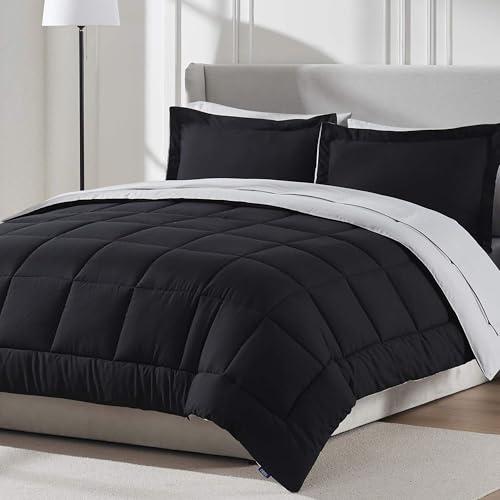 Nestl 9 Piece California King Comforter Set – Black Reversible Bed in a Bag – Complete Cal King Size Bedding Set with Sheets, Set of 2 Down Alternative Pillows, Pillowcases and Shams, Black