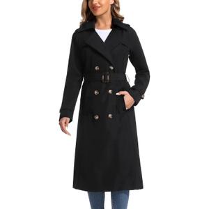 Women's Waterproof Long Trench Coat Double Breasted Length Classic Lapel Belt Coat With Removable Hood, Large