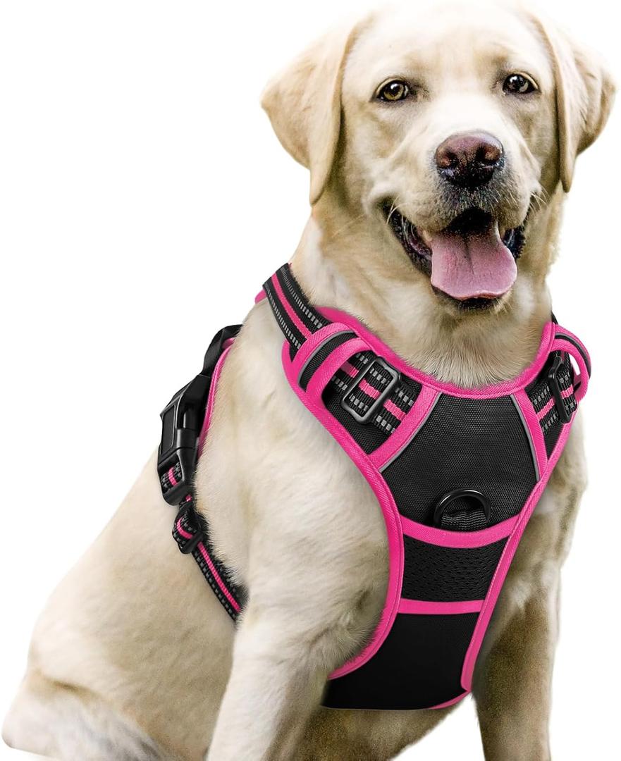 rabbitgoo Dog Harness No Pull with 2 Leash Clips, Adjustable Soft Padded, Reflective Oxford No Choke Pet Vest with Easy Control Handle for Large Dogs, Black & Hot Pink, L