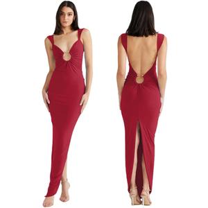 Women's Sexy Sleeveless Backless Maxi Dress Elegant Ruched O Ring Back Slit Bodycon Long Dress Beach Party Dress Red, Small 