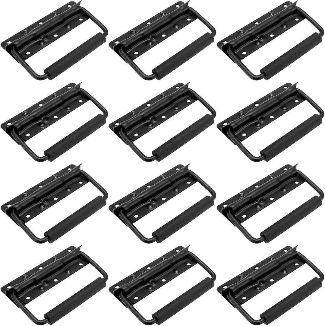 12 Pack 124mm Spring Loaded Case Handle, Folding Pull Handle, Surface Mount Chest Handles with Rubber Grip, Heavy Duty Chest Handle for Flight Case, Speaker, Cabinet, Black