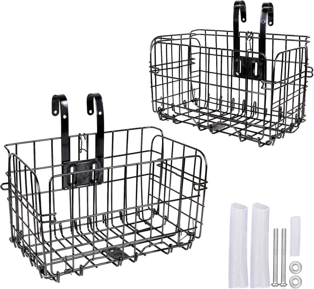 2 Pack Rear Bike Basket Folding Front Bike Basket Rust Proof Wire Mesh Bicycle Basket Mountain Bike Frame Basket Fold-Up Bike Cargo Rack