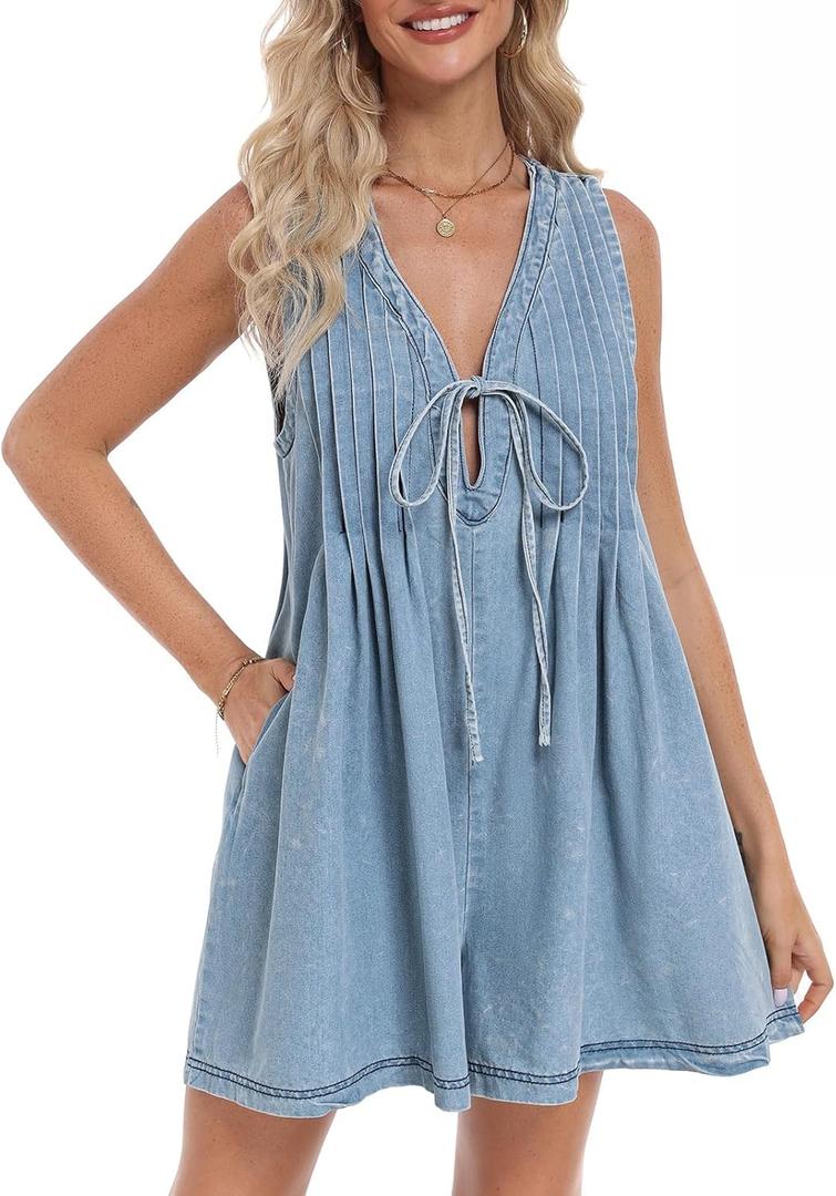 Women's Denim Romper Casual Summer Sleeveless Jean Romper Tie Front V Neck Ruffle Jean Short Overall With Pockets (Blue, L)