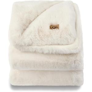 UGG Euphoria Plush Faux Fur Throw Blanket Medium Weight Reversible Luxury Soft Throw for Couch Bed or Chair Hypoallergenic Machine Washable Home Decor Fluffy Blanket, 50-inch x 70-inch, White Snow