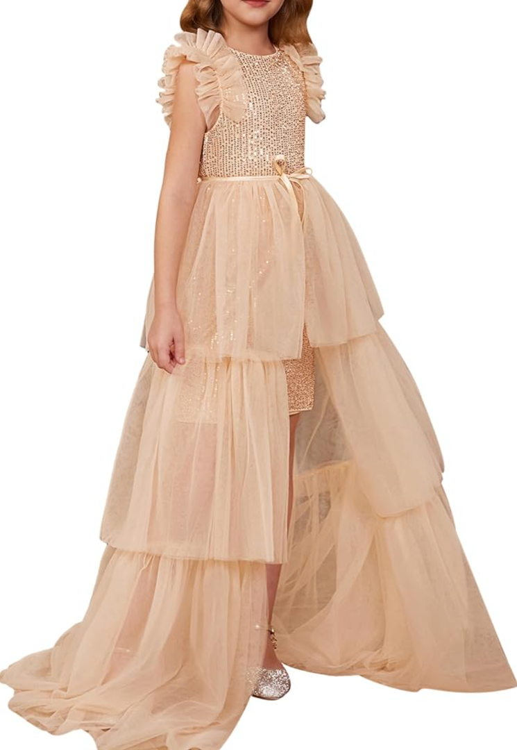 GRACE KARIN Girls Sequin Dress Formal Pageant Sparkle Party Ruffle Prom Maxi Dress, Size 5-14Y