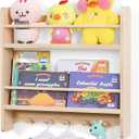 Large Nursery Bookshelf for Wall: 23.6inch 2-Tier Floating Book Shelves for Kids Toddlers Bedroom Solid Pine Wood Storage Organizer with Ledge Hooks Bar (Natural)
