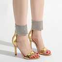 Women's High Heel Sandals Open Toe Ankle Tie Dressy Heeled Sandals for Prom, Party, Evening Events, 3.93 Inch Comfortable Thin Block Heels (Gold, L)