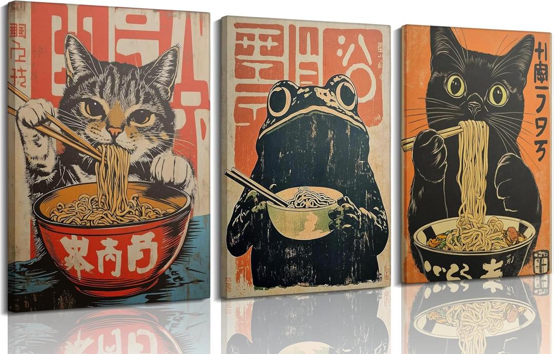 3Pcs Japanese Black Cat Eating Ramen Canvas Wall Art Funny Cats and Frog Painting Picture Wall Decor Vintage Cute Tokyo Kitchen Poster Print Artwork for Living Room Kitchen Dining Room Home Decoration 16x24in
