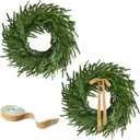 24 Inch Real Touch 2 Pcs Norfolk Pine Wreath Christmas Decorations for Front Door, Artificial Plants Green Christmas Wreath with Lights Home Decor, Xmas Decor for Mantel Wall Holiday Winter Decor