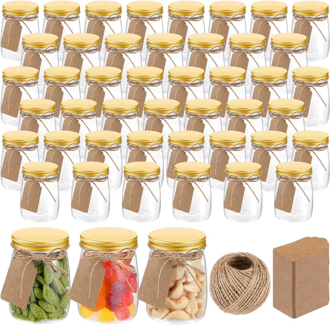 Nitial 50 Pack 5 oz Plastic Jars with Lids Bulk Yogurt Containers with Lids Gift Jars with DIY Craft Twine and Labels Gifts for Birthday Wedding Halloween Christmas Party Favor(Gold,Aluminum Lid)