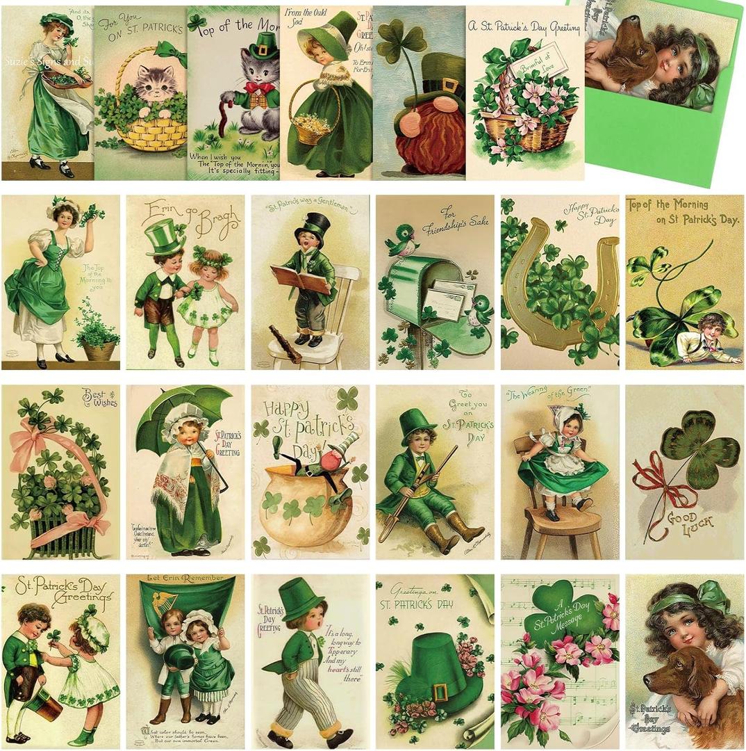 24 Pieces Vintage St. Patrick's Day Cards with Envelope Greeting Card Retro Irish Cards Assorted Clover Shamrock Cards for Party