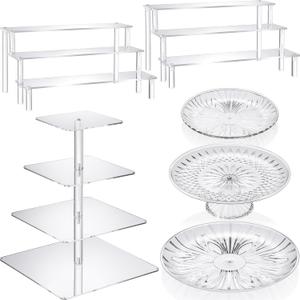 6 Pcs Acrylic Cake Stands Set Include 2 Pcs Display Risers 1 Pcs 4 Tier Cupcake Tower and 3 Clear Round Dessert Trays Cake Table Holder for Wedding Baby Shower Tea Party Decoration(Square)