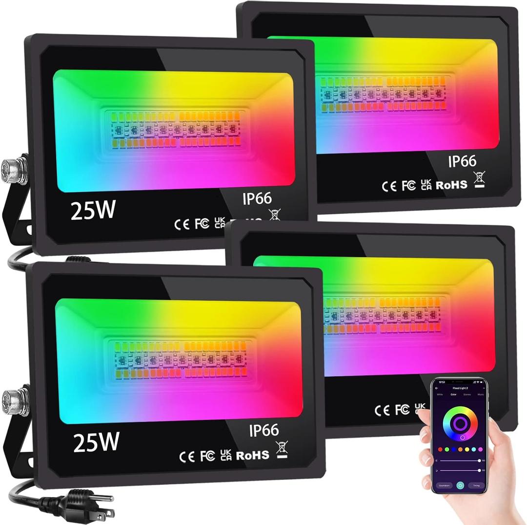 LED Flood Light Outdoor 25W, 250W Equivalent 2500LM, RGB Color Changing FloodLights by App Control, DIY Scenes - Timing - Dimmable Bright White Light 2700K-6500K, Uplights for Events, US-3 Plug (4 Pack)