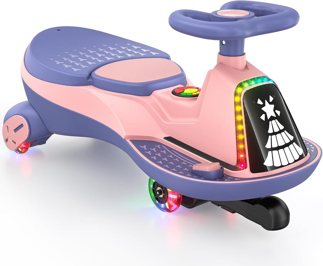ANPABO 12V Electric Wiggle Car-2x75W Motor, 2.8-4.1 Mph, Music & Bluetooth, LED Lights, Soft Start, Flashing Wheels, Anti-Rollover, for Kids, 170 Lbs, Indoor/Outdoor (Pink)
