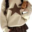 BEAUDRM Girl's Star Graphic Sweaters Cute Crew Neck Long Sleeve Knitted Pullover Jumper Tops (Beige), Size 11 years