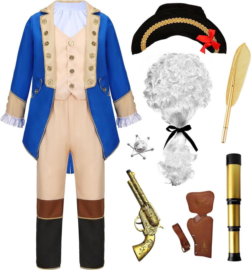 Washington Costume Boys Hamilton American Colonial Patriot Uniform with Wig (Blue, 7-8 Years)
