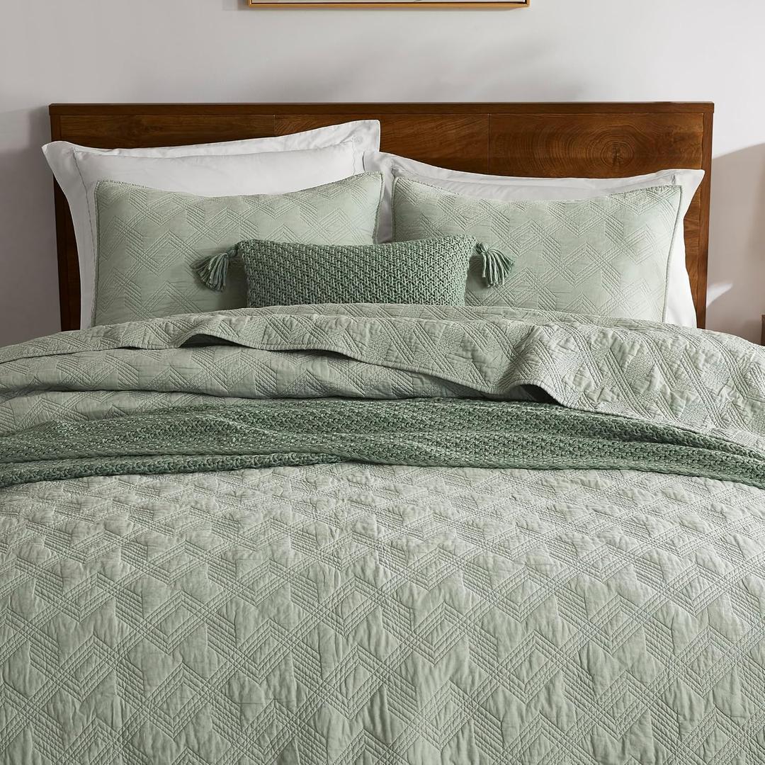 WDCOZY 100% Cotton King Size Quilt Set - Sage Green Pre-Washed Soft Lightweight Modern Bedspread, Farmhouse Country Rustic Coverlet, Textured Like Linen, Shabby Chic Gauze Bedding, 3 Pieces Sage, King (106"x96")