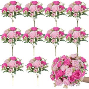 10 Bundles Peonies Artificial Flowers, Pink Silk Peony Flower Bulk Bridesmaid Bouquet for Indoor Home Decor Bedroom Kitchen Office Wedding Party Table Centerpieces