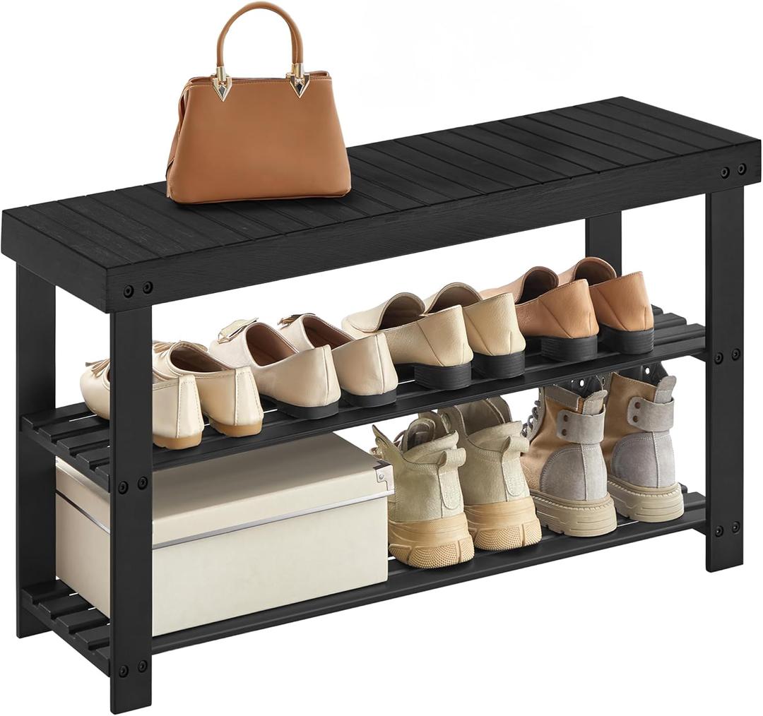 SONGMICS Shoe Rack Bench, 3-Tier Bamboo Shoe Storage Organizer, Entryway Bench, Holds Up to 286 lb, 11.3 x 35.4 x 17.8 Inches, for Entryway Bathroom Bedroom, Ink Black ULBS90B33