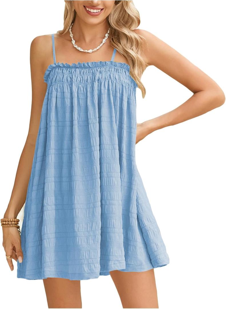 MakeMeChic Women's Casual Sleeveless Summer Cami Dress Ruffle Swing Shirred Mini Short Dress (Light Blue)