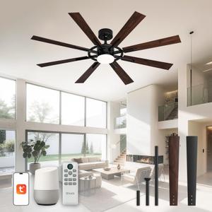 60 Inch Smart Ceiling Fan, Black Indoor/Outdoor Ceiling Fans with Lights and Remote, Compatible with Alexa/Google/App, 3CCT Dimmable 6 Speeds Timing for Living Room Bedroom Patio