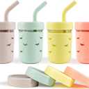Pandaloo Mason Jar Toddler Cup - 8 oz Spill-Proof Glass Tumbler with Silicone Straw and Lid, Non-Slip Sleeve, BPA-Free Toddler Snack Cups - Perfect Smoothie Cups with Lids and Straws for Kids (Pack of 4, Creamy Mushroom/Sweet Sage/Sunny Lime/Fuzzy Peach)