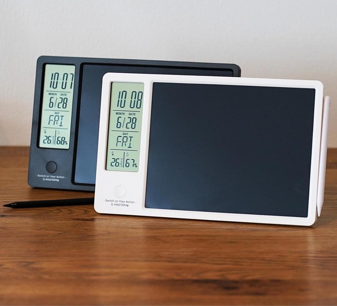 Rechargeable Electronic Memo Pad with LCD Message Board, Thermometer, Hygrometer, Alarm Clock & Desk Calendar Includes Stand & Magnetic Pen, Ideal for Office Desk or Gift (White)
