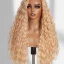 GORGIUS Blonde Glueless Ocean Wave Wig Pre Cut Synthetic Lace Front Wigs Side Part Long Wig For Women 28 Inch